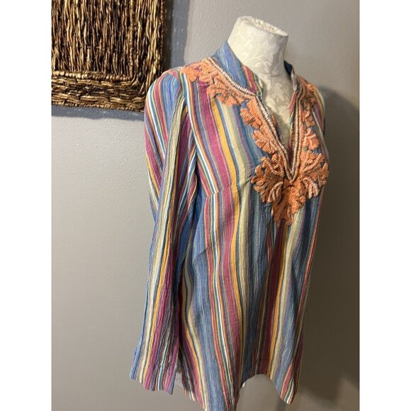 Soft Surroundings Top XS Striped Embroidered Beaded Cotton Tunic Long Sleeve - Picture 5 of 9